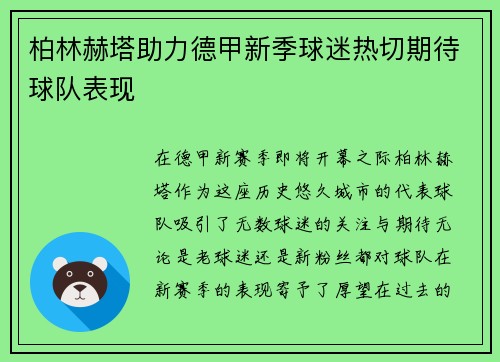 柏林赫塔助力德甲新季球迷热切期待球队表现